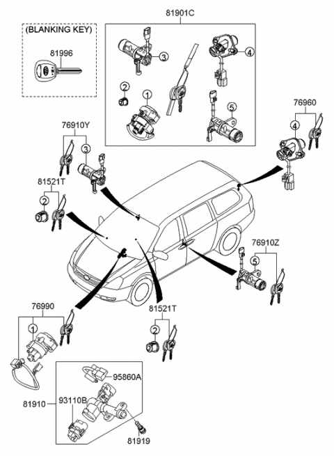 2006 Hyundai Entourage Door Key Sub Set,Left Diagram for 81970-4JA00