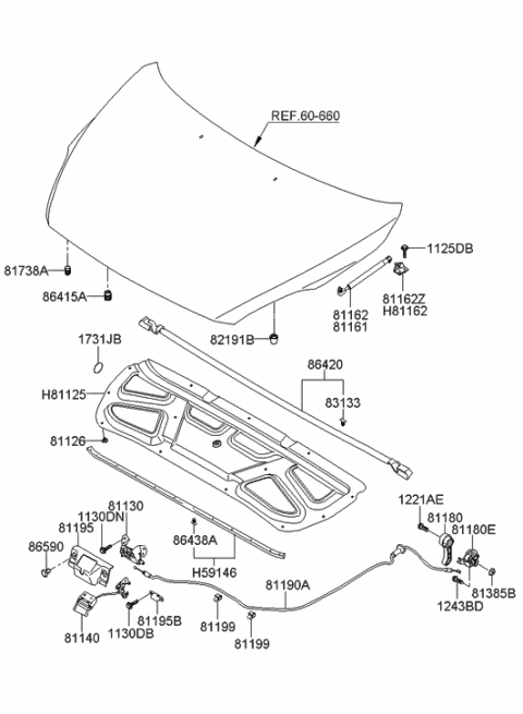 2014 Hyundai Tucson S/Hook & Release Lever Assembly-Hood Diagram for 81140-4D000