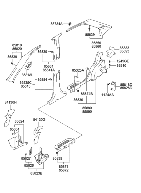 2004 Hyundai Accent Trim Assembly-Center Pillar Upper RH Diagram for 85840-25250-LT