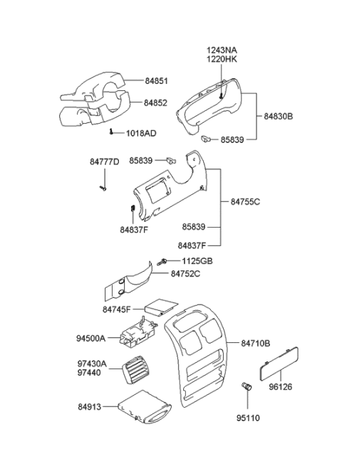 2000 Hyundai Accent Steering Column Upper Shroud Diagram for 84850-25100-ZE