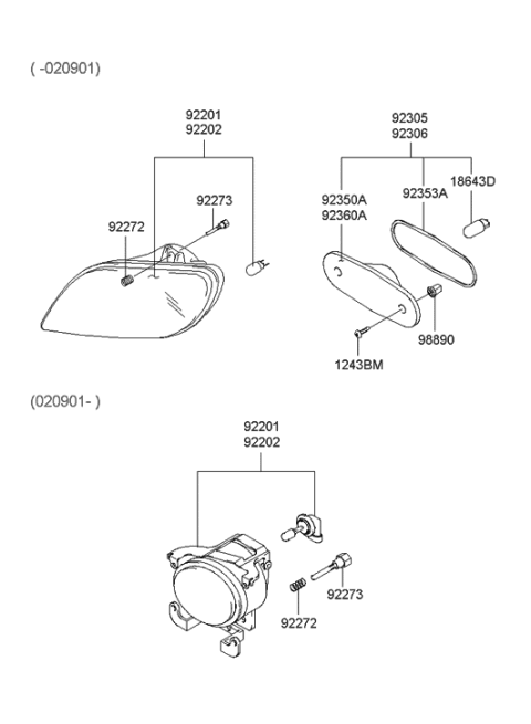 1999 Hyundai Accent Front Driver Side Fog Light Assembly Diagram for 92201-25500