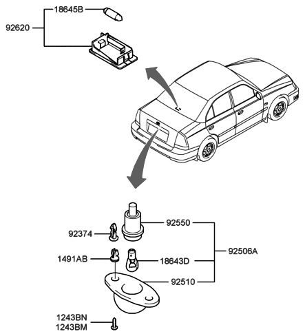 2005 Hyundai Accent Lamp Assembly-License Plate Diagram for 92501-25000