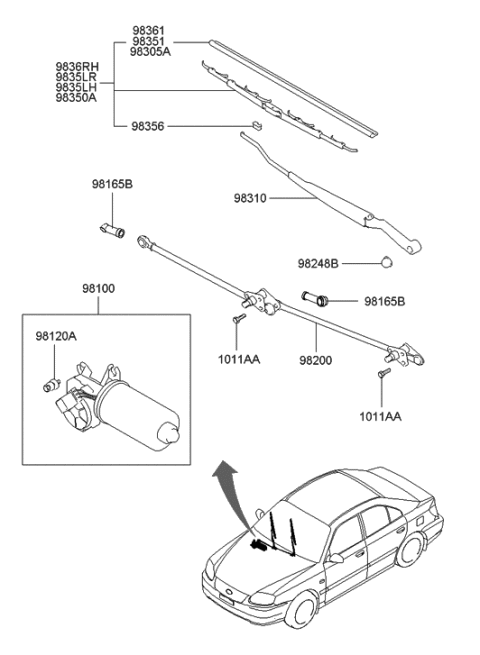 2001 Hyundai Accent Windshield Wiper Arm Assembly Diagram for 98310-25000