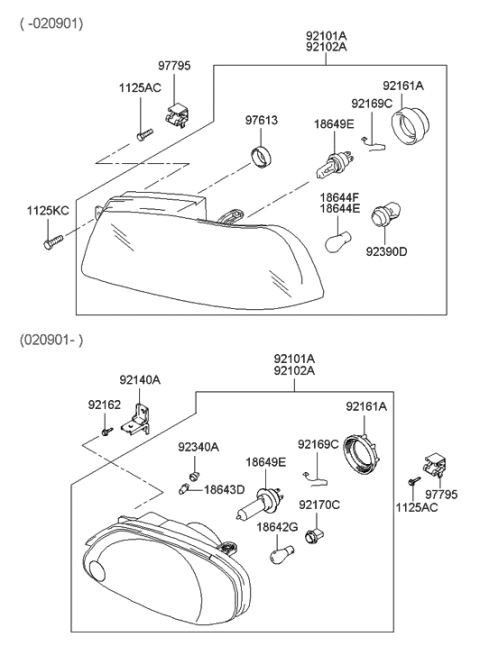 1999 Hyundai Accent Passenger Side Headlight Assembly Composite Diagram for 92102-25050