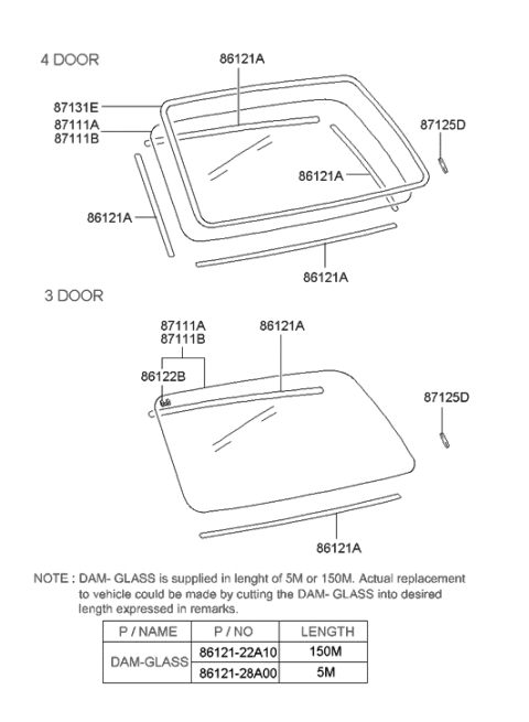 1999 Hyundai Accent Rear Window Glass & Moulding Diagram