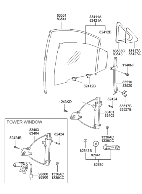 2004 Hyundai Accent Rear Right Power Window Regulator Assembly Diagram for 83404-25010