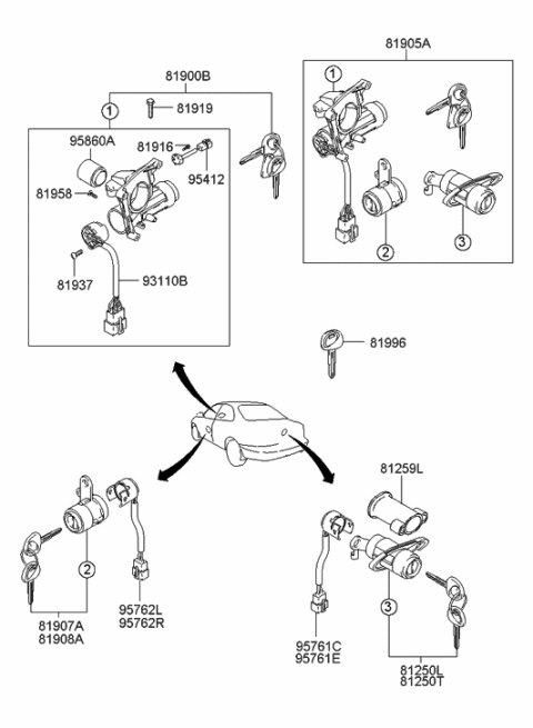 2002 Hyundai Accent Lock Key & Cylinder Set Diagram for 81905-25C10