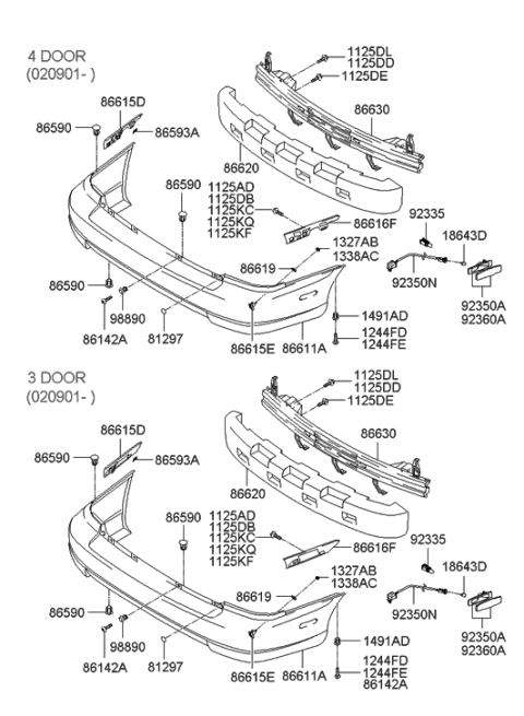 2003 Hyundai Accent Hatchback Rear Bumper Cover Bare Diagram for 86611-25830