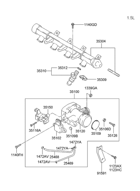 2005 Hyundai Accent Old Body Style Throttle Body & Injector Diagram 1
