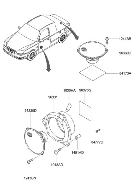 2001 Hyundai Accent Front Center Speaker Assembly Diagram for 96330-25010