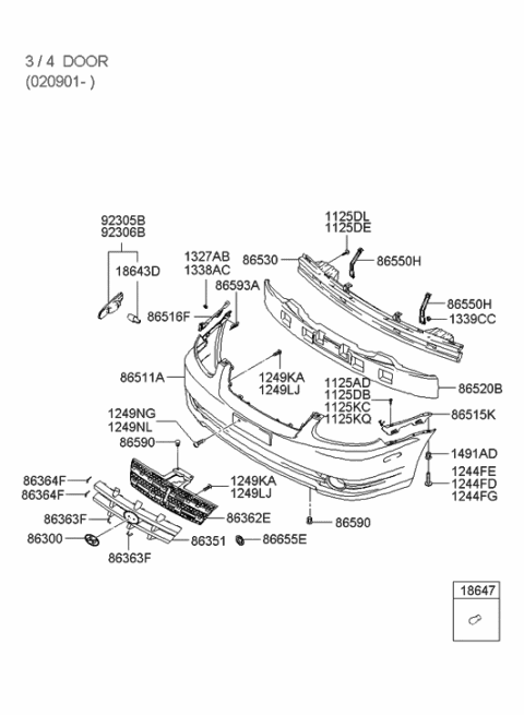 2000 Hyundai Accent Pad-Grille Mounting Diagram for 86364-25800