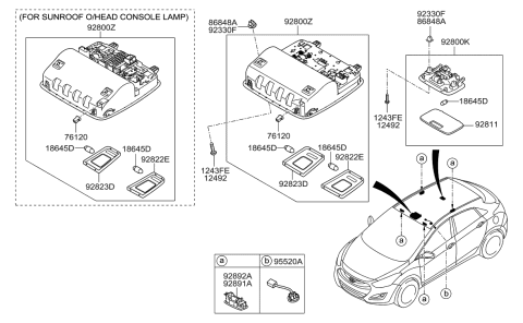 2014 Hyundai Elantra GT Overhead Console Lamp Assembly Diagram for 92800-A5000-VYF