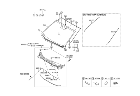 2008 Hyundai Tiburon Windshield Glass Assembly Diagram for 86111-A5615