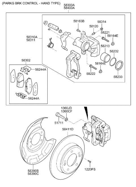 2008 Hyundai Tiburon Caliper Kit-Rear Brake,RH Diagram for 58311-A5A20