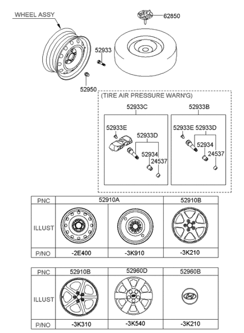 2010 Hyundai Genesis Steel Wheel Assembly Diagram for 52910-2E400