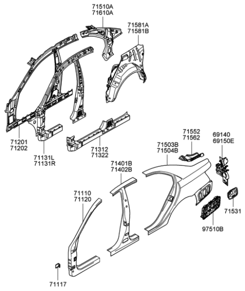 2010 Hyundai Genesis Pillar Assembly-Center Outer,RH Diagram for 71402-3KB00