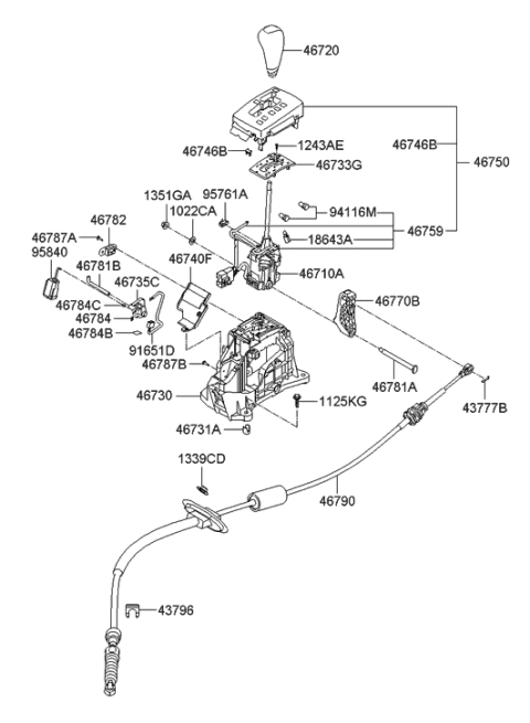 2005 Hyundai Sonata Automatic Transmission Lever Cable Assembly Diagram for 46790-3K000