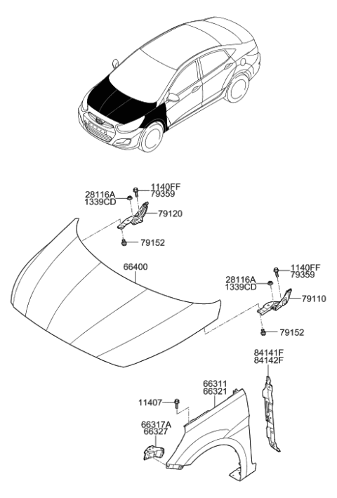 2017 Hyundai Accent Fender & Hood Panel Diagram