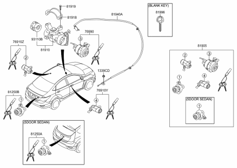 2015 Hyundai Accent Lock Key & Cylinder Set Diagram for 81905-1R523