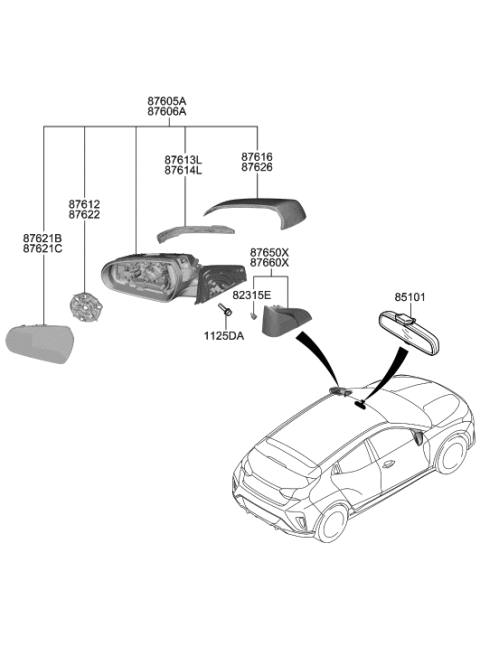 1993 Hyundai Scoupe Rear View Mirror Scalp, Right, Exterior Diagram for 87626-J3000