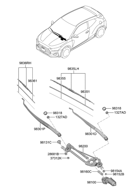 2021 Hyundai Veloster Passeger Wiper Blade Assembly Diagram for 98360-1W000