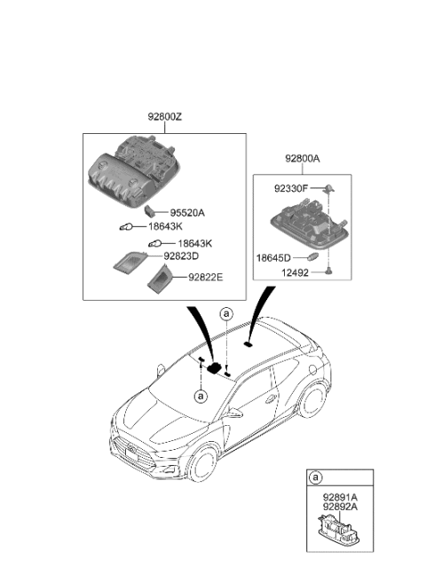 2019 Hyundai Veloster Overhead Console Lamp Assembly Diagram for 92800-F2260-TRY