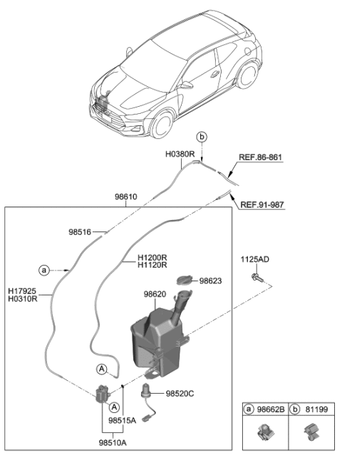 1993 Hyundai Scoupe Windshield Washer Reservoir Assembly Diagram for 98620-J3000