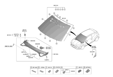 2019 Hyundai Veloster Windshield Glass Assembly Diagram for 86111-J3220