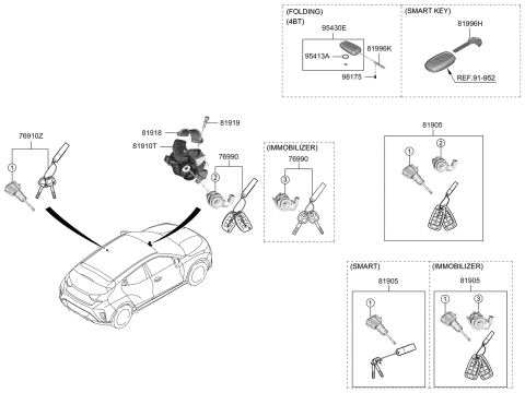 1993 Hyundai Scoupe Lock Key & Cylinder Set Diagram for 81905-J3100