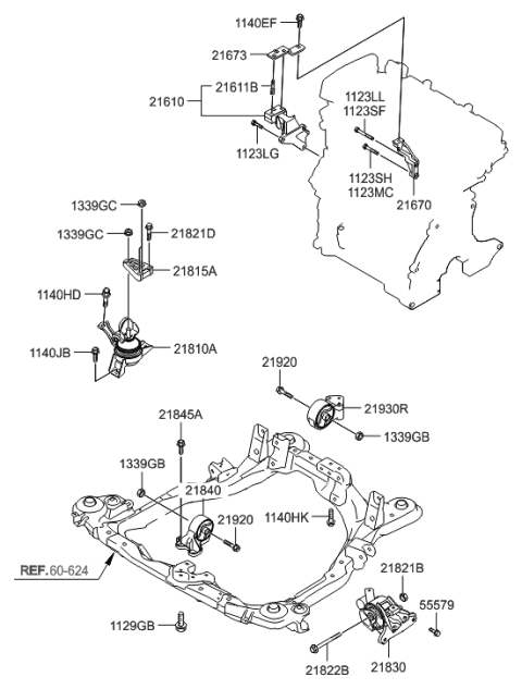 2003 Hyundai Accent Engine Mounting Bracket Assembly Diagram for 21810-2D100