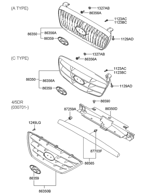 2001 Hyundai Elantra Radiator Grille Assembly, Upper Diagram for 86350-2D520