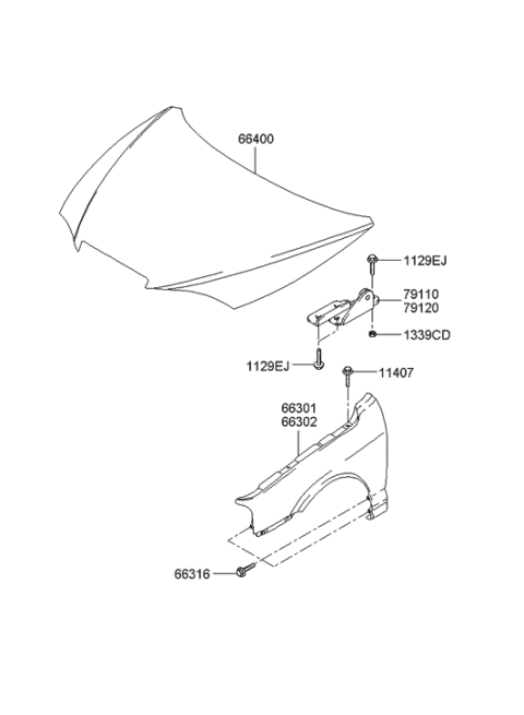 2000 Hyundai Elantra New Body Style Fender & Hood Panel Diagram