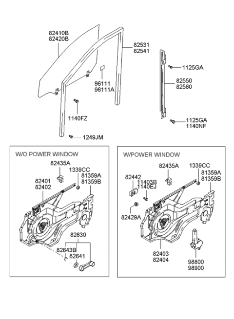 2000 Hyundai Elantra Front Door Window Regulator & Glass Diagram