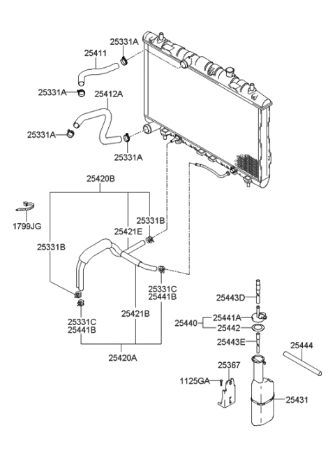 2006 Hyundai Elantra Old Body Style Radiator Hose & Reservoir Tank Diagram 2