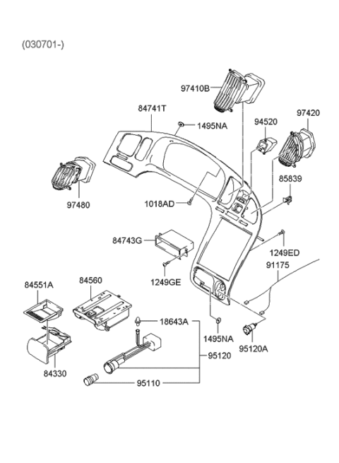 2003 Hyundai Accent Cigar Lighter Socket Assembly Diagram for 95120-2D100