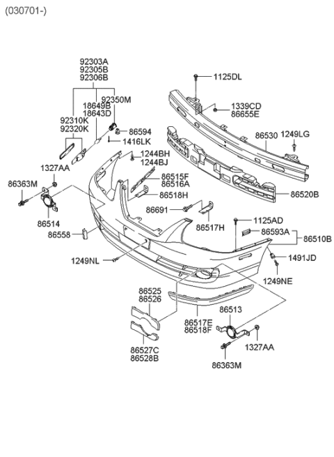 2003 Hyundai Accent Front Bumper Cover Assembly Diagram for 86510-2D100