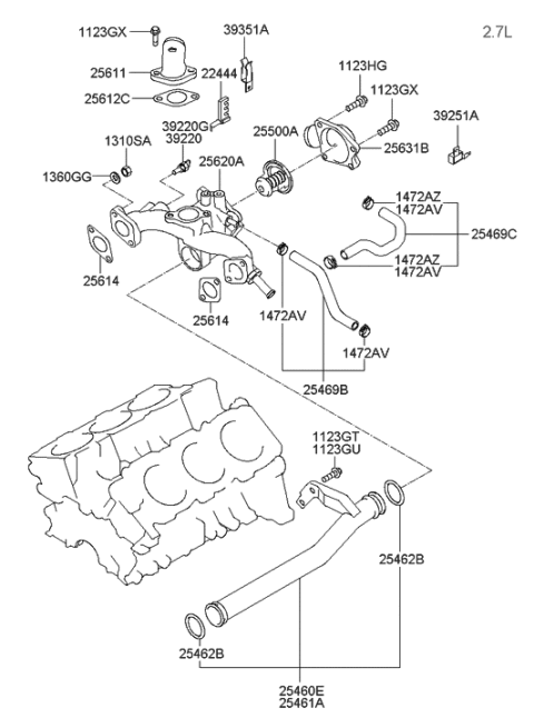 2006 Hyundai Santa Fe Old Body Style Coolant Hose & Pipe Diagram 2