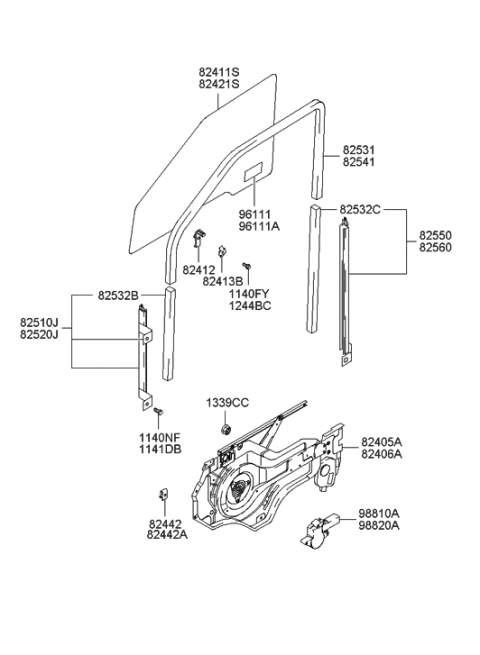 2005 Hyundai Santa Fe Front Door Window Regulator & Glass Diagram