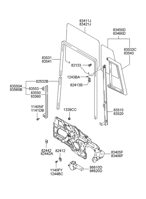 2006 Hyundai Santa Fe Old Body Style Rear Door Window Reg & Glass Diagram