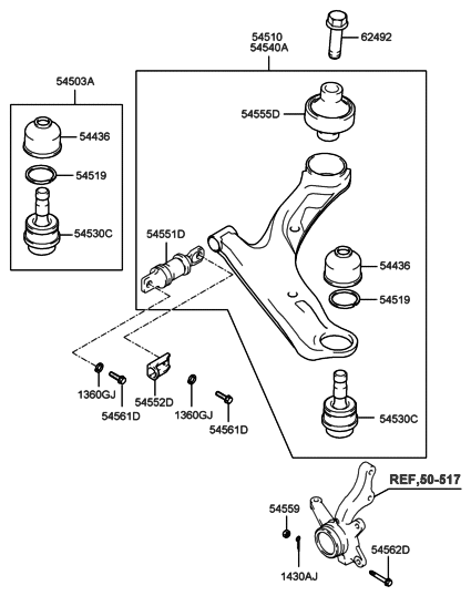 2006 Hyundai Santa Fe Old Body Style Front Suspension Lower & Upper Arm Diagram