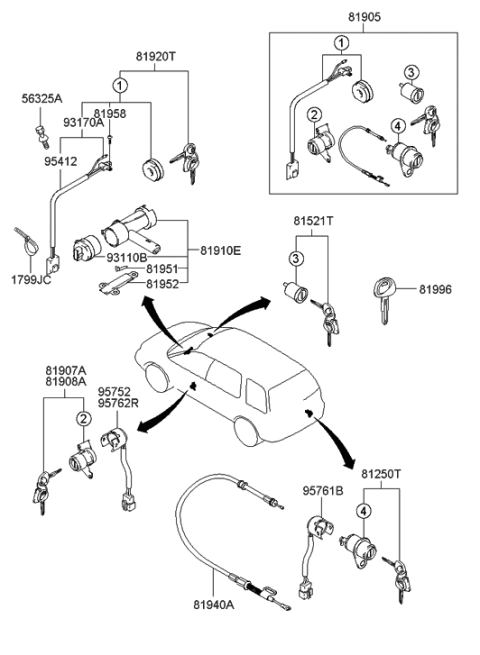 2006 Hyundai Santa Fe Old Body Style Key & Cylinder Set Diagram