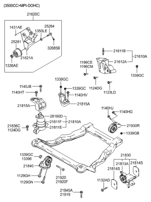 2000 Hyundai Santa Fe Engine Mounting Bracket Assembly Diagram for 21810-26500