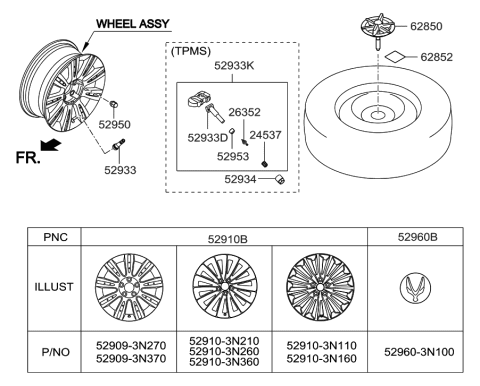 2014 Hyundai Equus Aluminium Wheel Hub Cap Assembly Diagram for 52960-3N100