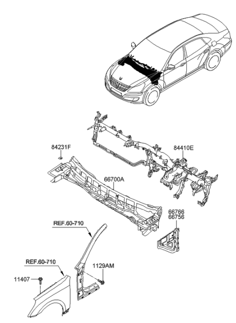 2015 Hyundai Equus Panel-Cowl Side Outer Upper,RH Diagram for 66766-3N000