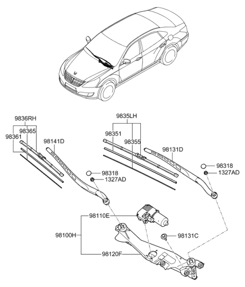 2015 Hyundai Equus Passeger Wiper Blade Assembly Diagram for 98360-3T000