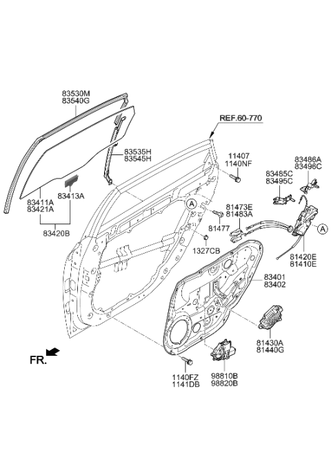 2015 Hyundai Equus Rear Door Window Regulator & Glass Diagram