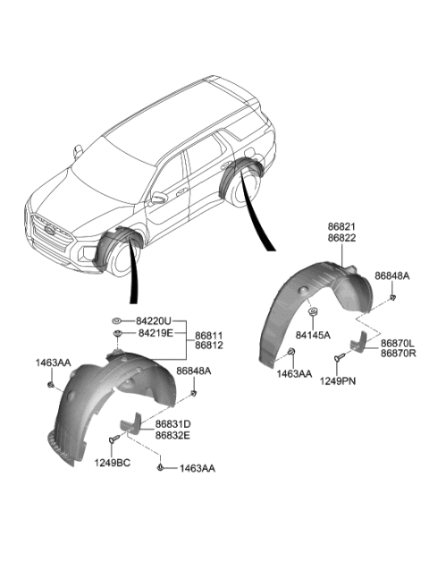 2022 Hyundai Palisade Front Mud Guard Assembly,Right Diagram for 86832-S8000