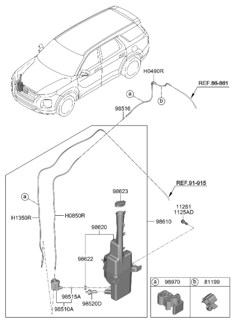 2022 Hyundai Palisade Windshield Washer Reservoir Assembly Diagram for 98611-S8000