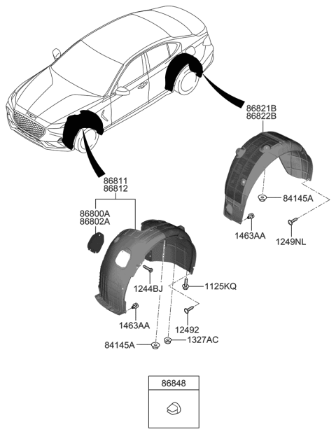 2019 Hyundai Genesis G70 Front Wheel Guard Assembly,Left Diagram for 86811-G9000