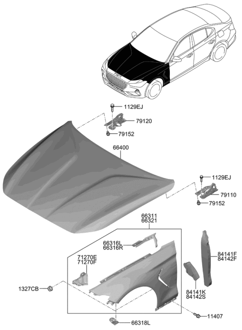 2021 Hyundai Genesis G70 Fender & Hood Panel Diagram